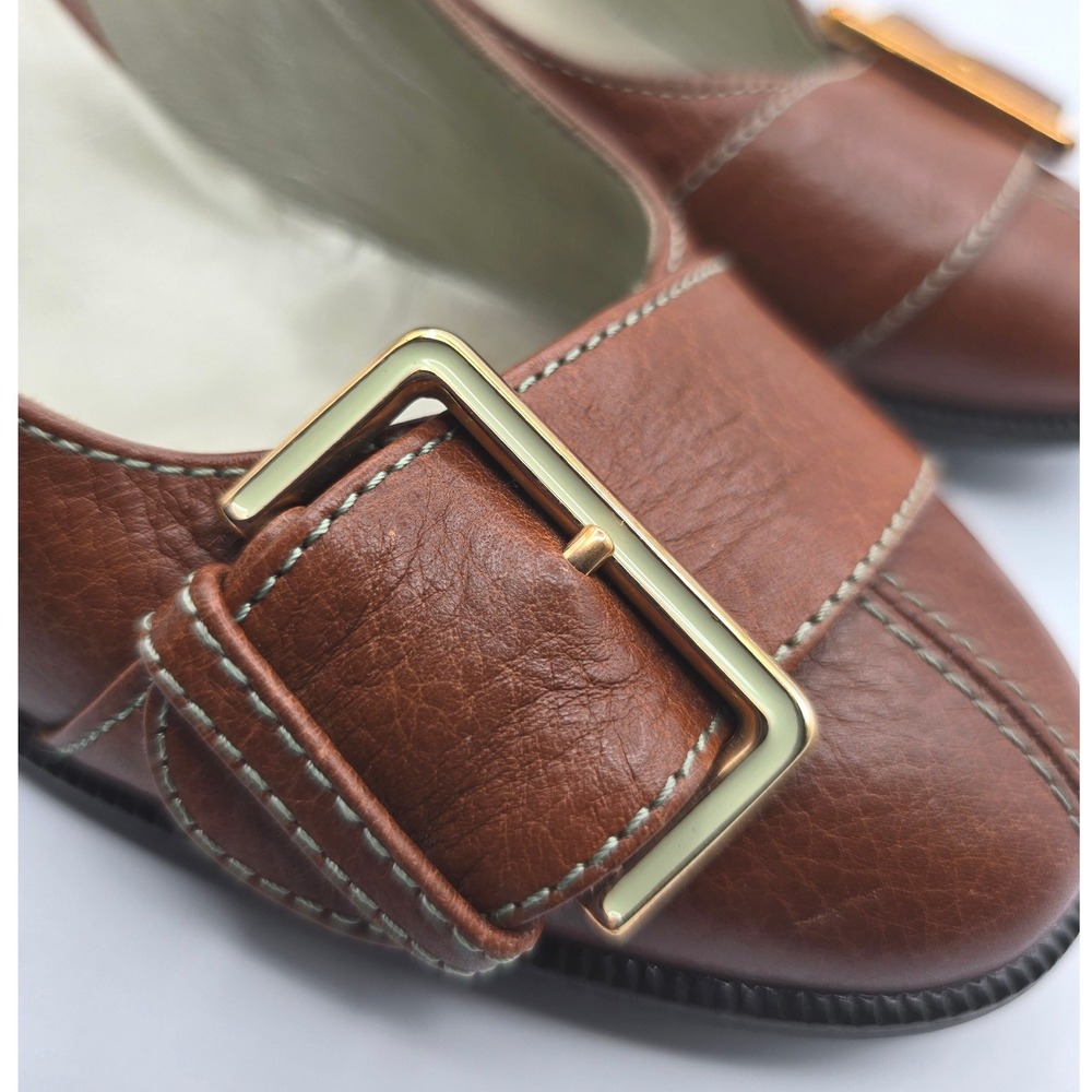 Vintage Furla Brown Leather Pumps Y2K Corporate Chic Buckle Block Heel 38 US 8 - Picture 5 of 14